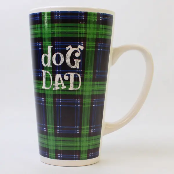 MSRF Inc Design Studio "Dog Dad" Blue/Green Gingham Ceramic Coffee Mug 6.25"