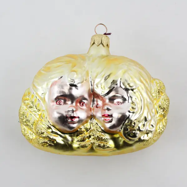 Vintage Glass Ornament 3.5" Tall Features 2 Cherub Faces Gold Glitter Very Good