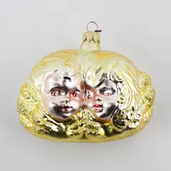 Vintage Glass Ornament 3.5" Tall Features 2 Cherub Faces Gold Glitter Very Good