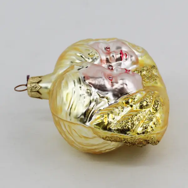 Vintage Glass Ornament 3.5" Tall Features 2 Cherub Faces Gold Glitter Very Good