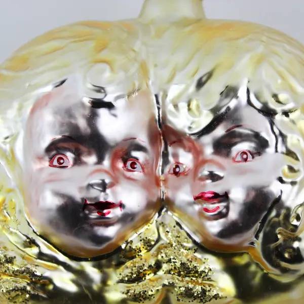 Vintage Glass Ornament 3.5" Tall Features 2 Cherub Faces Gold Glitter Very Good