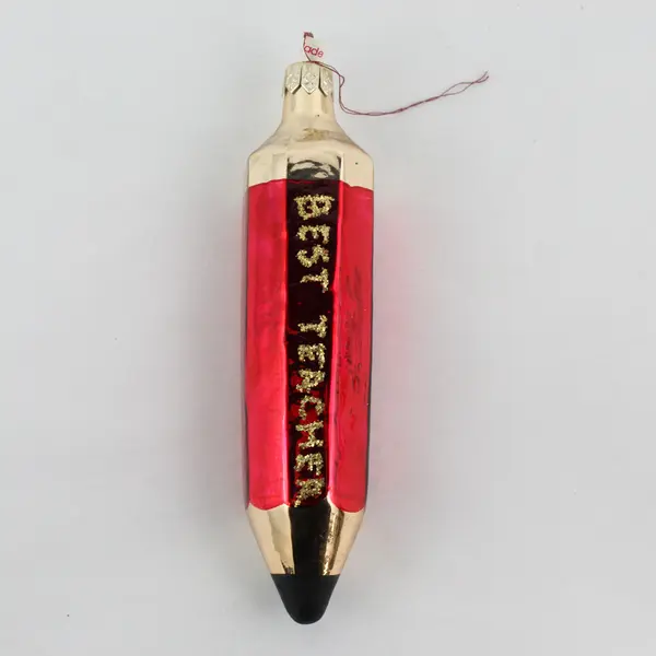 Best Teacher Red & Gold Pencil Christmas Hand Painted Glass Ornament 5.75" Tall 