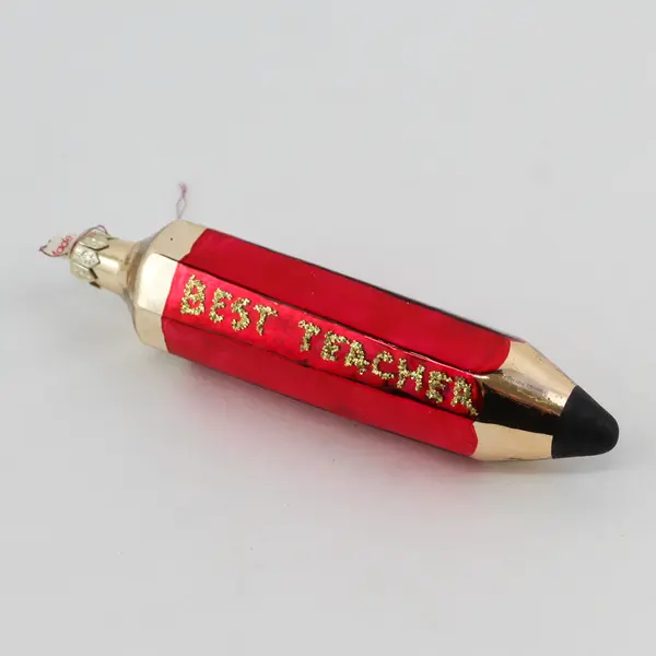 Best Teacher Red & Gold Pencil Christmas Hand Painted Glass Ornament 5.75" Tall 