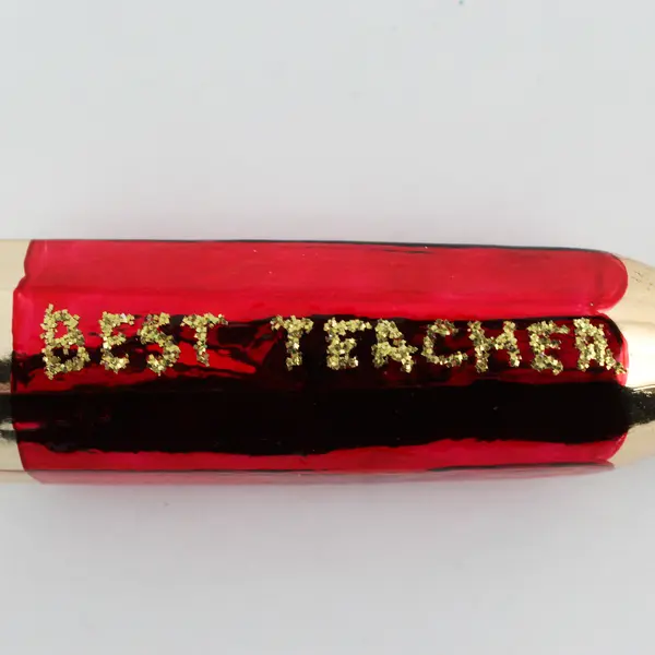 Best Teacher Red & Gold Pencil Christmas Hand Painted Glass Ornament 5.75" Tall 