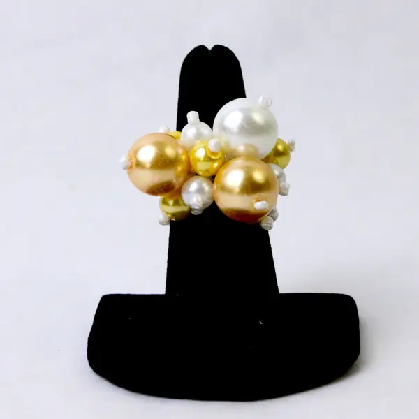 Faux Pearl White & Gold Glass Beaded Stretch Ring - Fashion Stackable