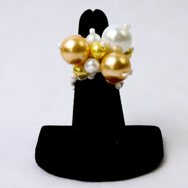 Faux Pearl White & Gold Glass Beaded Stretch Ring - Fashion Stackable