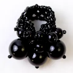 Faux Black Pearl Black Glass Beaded Stretch Ring - Fashion Stackable