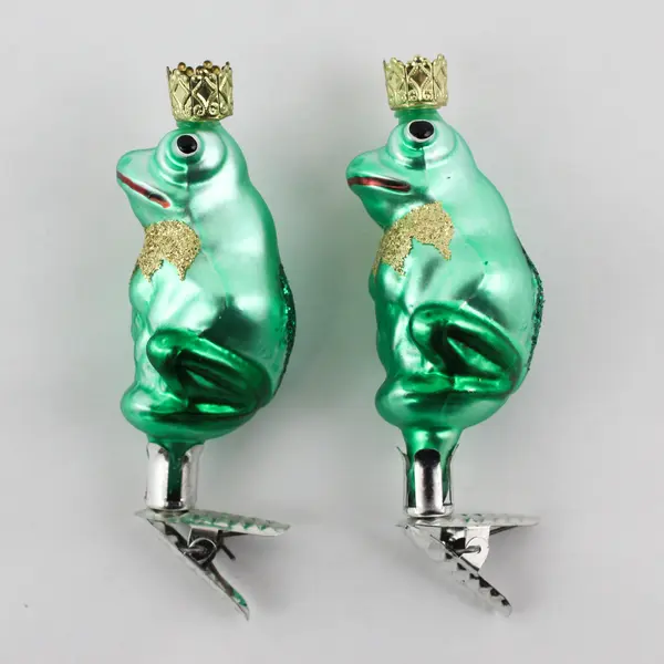 Lot of 2 Kiss the Toad Frog Prince Inge Glas Hand Painted Glass Clip Ornaments 
