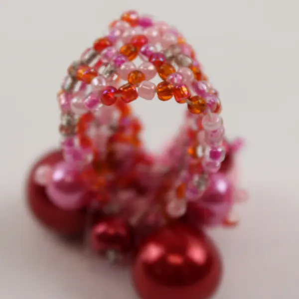 Faux Peach Pearl White & Peach Glass Beaded Stretch Ring - Fashion Stackable