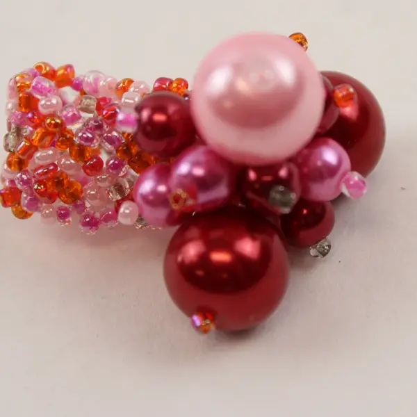 Faux Peach Pearl White & Peach Glass Beaded Stretch Ring - Fashion Stackable