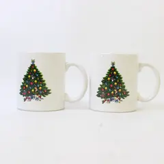 Lot Of 2 Unbranded Matching White W/ Christmas Tree Printed Ceramic Mug 3.75"