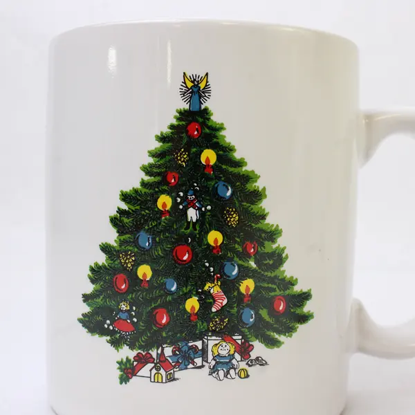 Lot Of 2 Unbranded Matching White W/ Christmas Tree Printed Ceramic Mug 3.75"