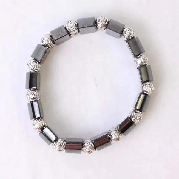 Charcoal Grey Silver-Tone Stretch Elastic Bracelet Minimalist Stackable