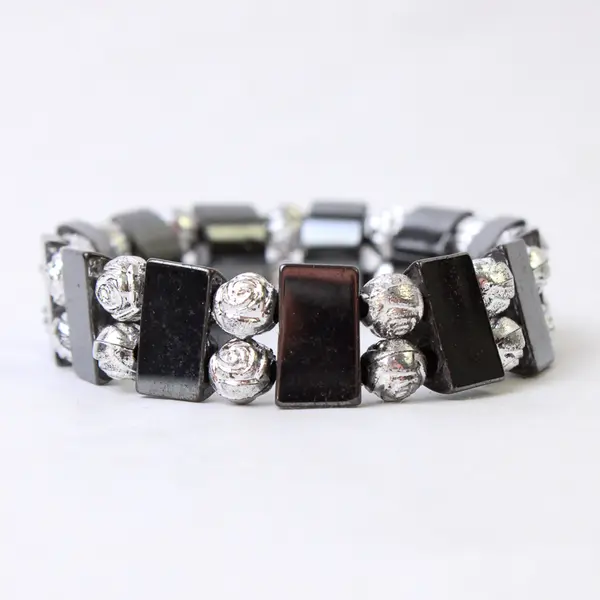 Charcoal Grey Silver-Tone Stretch Elastic Bracelet Minimalist Stackable