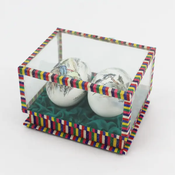 Hand Painted Landscape Scene Chinese Eggs In An Acrylic Display Case