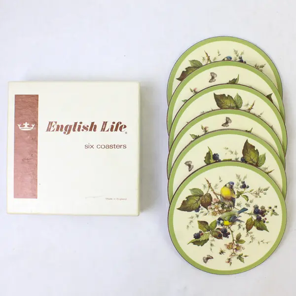 Set Of 6 English Life Bird And Berries Patterned/Printed Coasters 4.25" Diameter