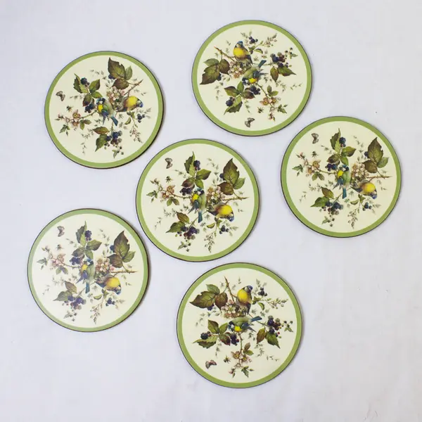 Set Of 6 English Life Bird And Berries Patterned/Printed Coasters 4.25" Diameter
