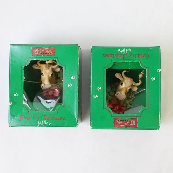 Lot Of 2 Schmid "Country Christmas" Lowell Davis 1987 Cow Hanging Ornaments