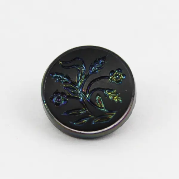 Antique Victorian Black Glass Carnival Iridescent Floral Shank Button 5/8"