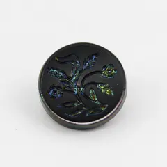 Antique Victorian Black Glass Carnival Iridescent Floral Shank Button 5/8"