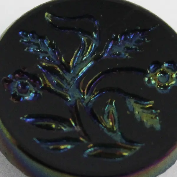 Antique Victorian Black Glass Carnival Iridescent Floral Shank Button 5/8"
