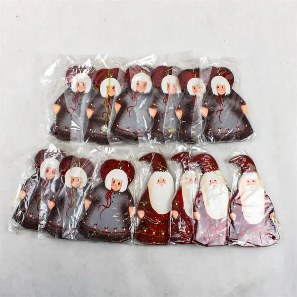 Lot of 13 Wooden Mr & Mrs Claus Christmas Ornaments - New