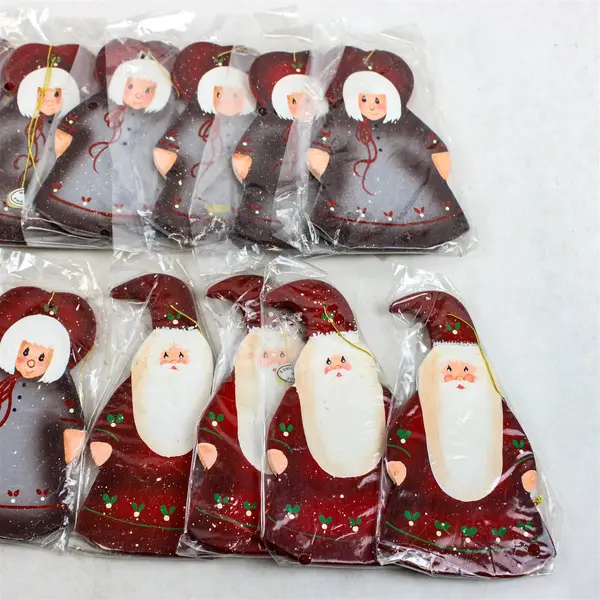 Lot of 13 Wooden Mr & Mrs Claus Christmas Ornaments - New