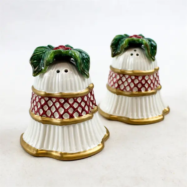 Fitz and Floyd Holiday Holly Bells Porcelain Salt & Pepper Shakers Set - New