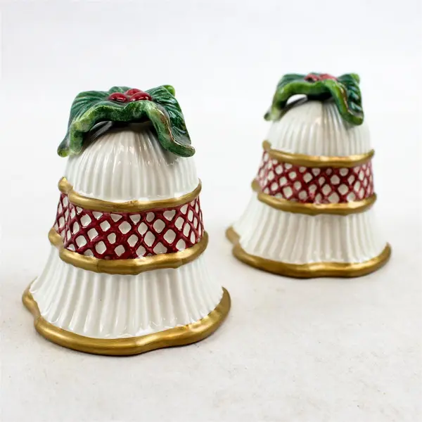 Fitz and Floyd Holiday Holly Bells Porcelain Salt & Pepper Shakers Set - New