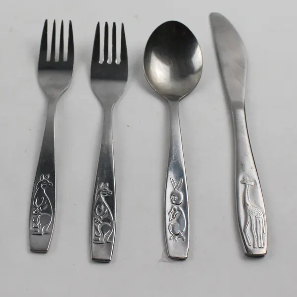 Lot of 4 Unknown Brand Stainless Youth Knife Spoon 2 Forks Engraved Rare HTF 