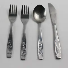 Lot of 4 Unknown Brand Stainless Youth Knife Spoon 2 Forks Engraved Rare HTF 