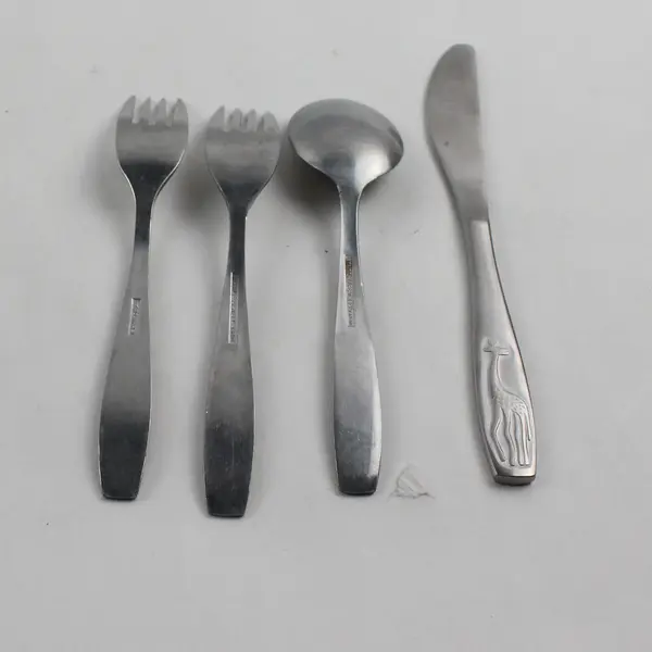 Lot of 4 Unknown Brand Stainless Youth Knife Spoon 2 Forks Engraved Rare HTF 
