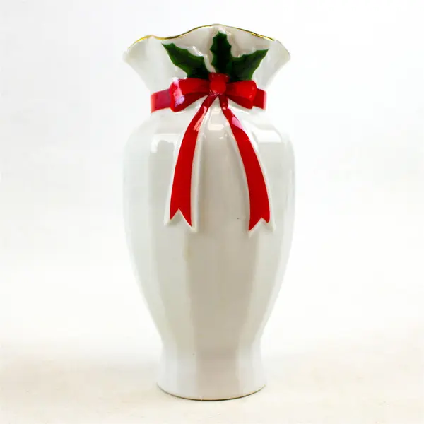 1996 Vintage Mount Clemens Pottery Japan Christmas Vase 6" White Holly Red Bow
