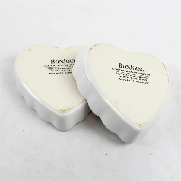 Lot of 2 Bonjour White Ceramic Heart-Shaped Baking Dishes Bakeware
