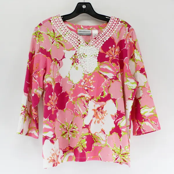 Alfred Dunner Pink/Green  Floral Quarter Length Sleeves Blouse Women's Size PL