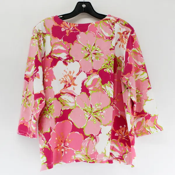 Alfred Dunner Pink/Green  Floral Quarter Length Sleeves Blouse Women's Size PL