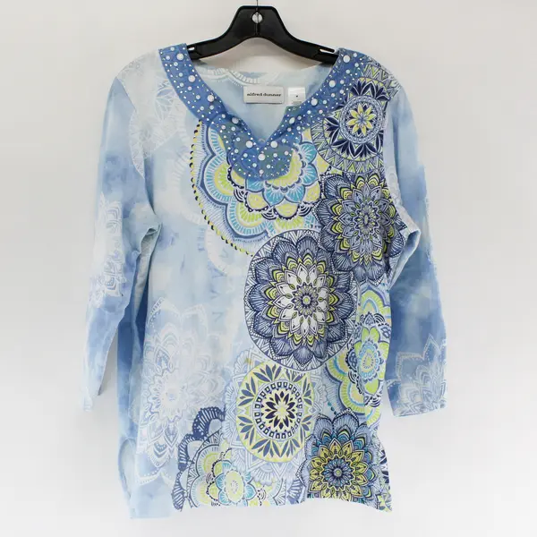 Alfred Dunner Blue/Yellow Geometric Quarter Length Sleeves Blouse Women's Size M