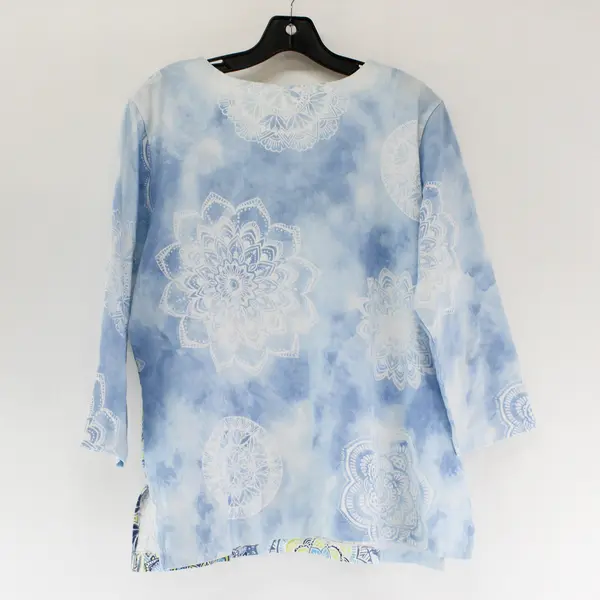 Alfred Dunner Blue/Yellow Geometric Quarter Length Sleeves Blouse Women's Size M