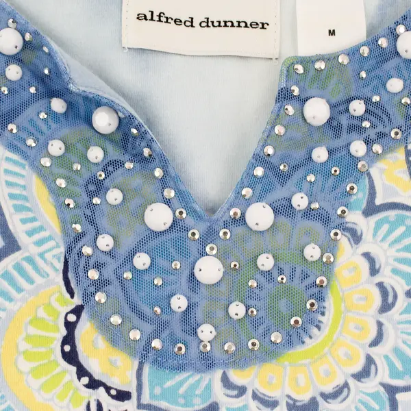 Alfred Dunner Blue/Yellow Geometric Quarter Length Sleeves Blouse Women's Size M