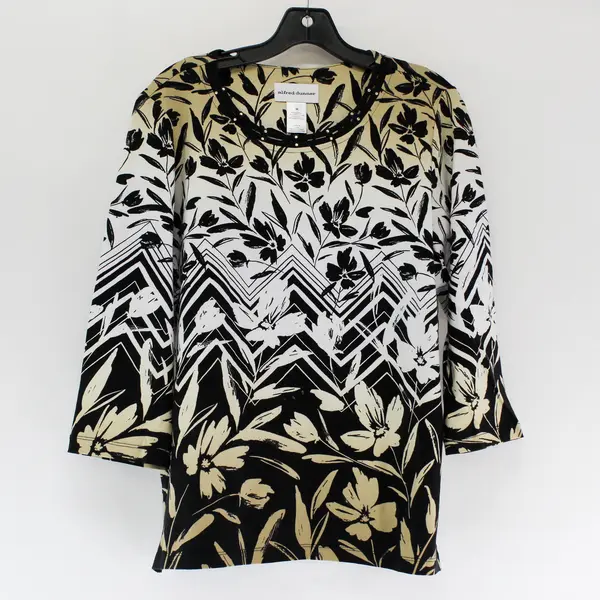 Alfred Dunner Black/Beige Floral Quarter Length Sleeves Blouse Women's Size M