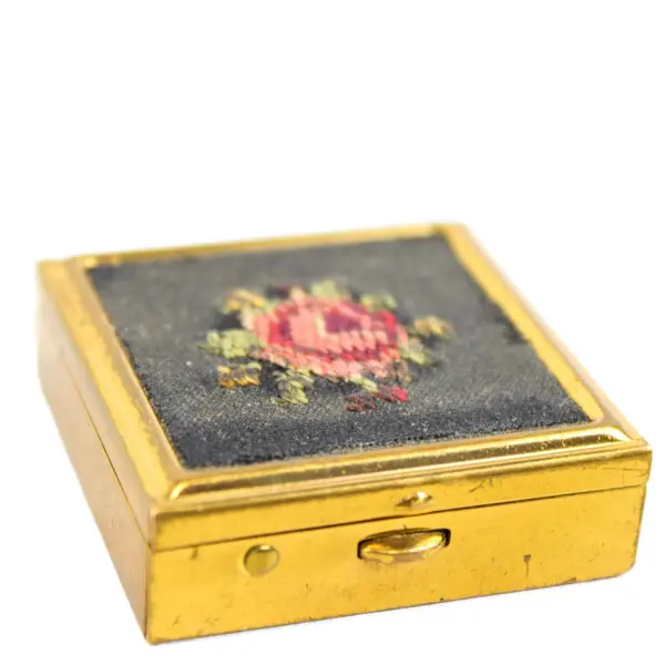 Vintage Brass Pill Box with Fabric Rose Design on Top, 2 Compartments