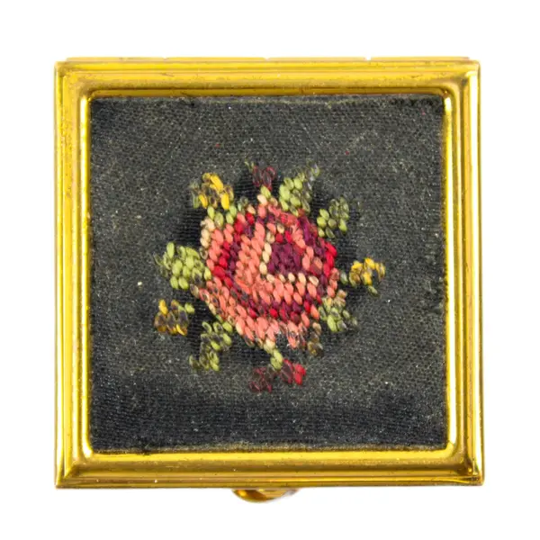 Vintage Brass Pill Box with Fabric Rose Design on Top, 2 Compartments