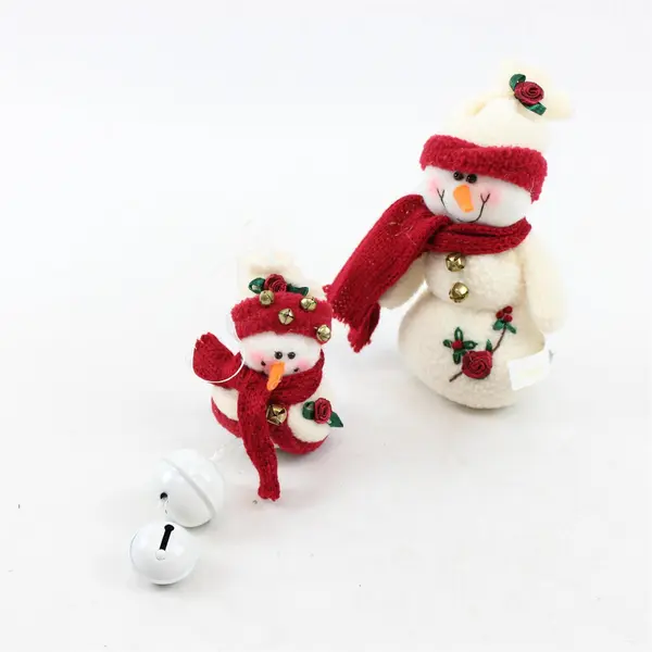 Lot of 2 Plush Snowman Ornaments Red Scarf Rose Applique Bell Jingle New