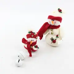 Lot of 2 Plush Snowman Ornaments Red Scarf Rose Applique Bell Jingle New