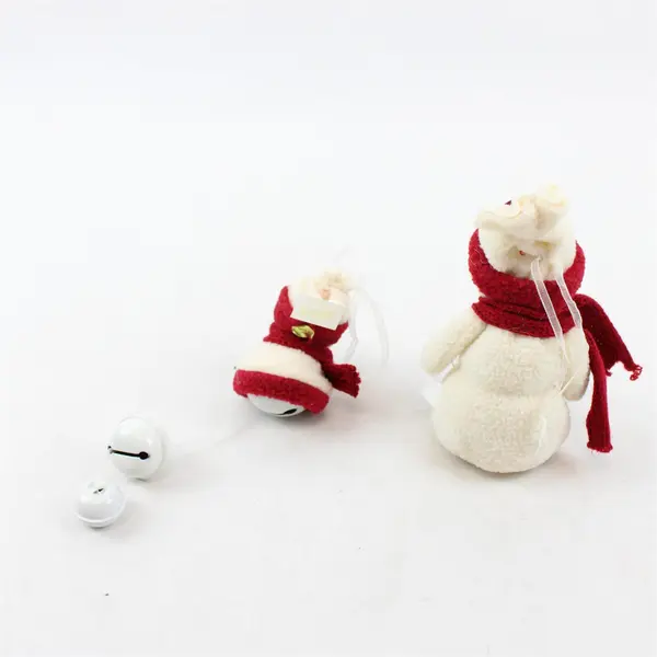 Lot of 2 Plush Snowman Ornaments Red Scarf Rose Applique Bell Jingle New