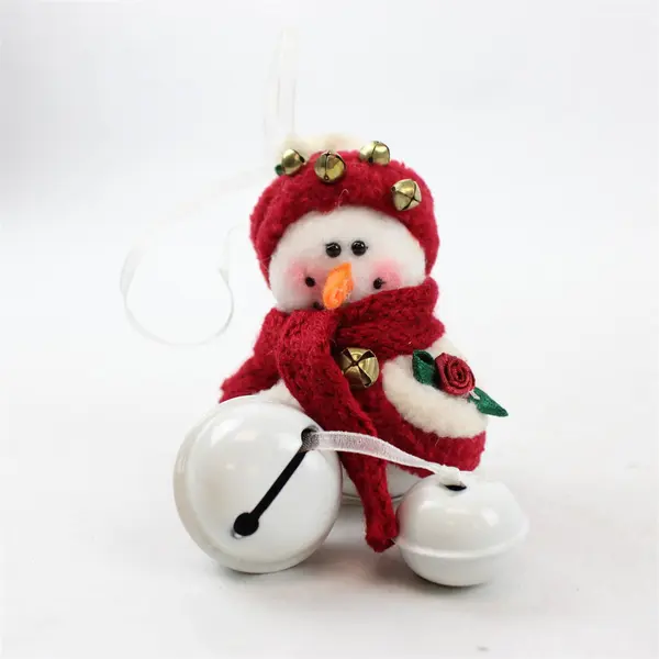 Lot of 2 Plush Snowman Ornaments Red Scarf Rose Applique Bell Jingle New