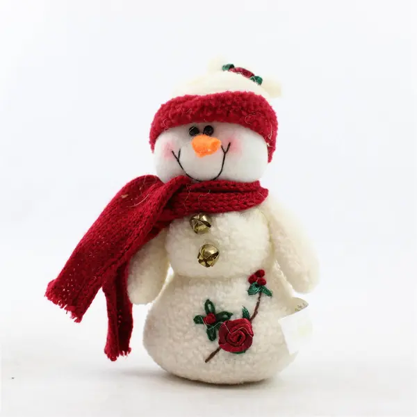 Lot of 2 Plush Snowman Ornaments Red Scarf Rose Applique Bell Jingle New