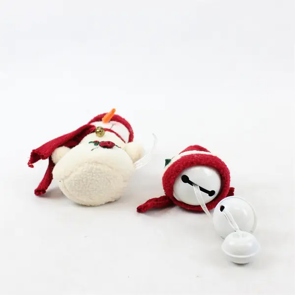 Lot of 2 Plush Snowman Ornaments Red Scarf Rose Applique Bell Jingle New