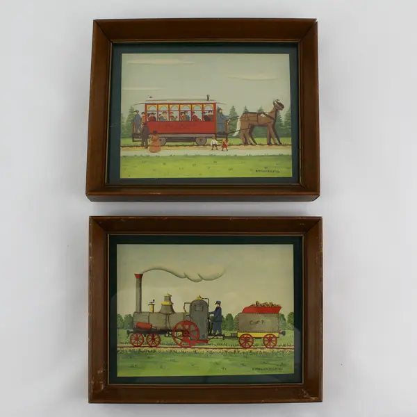Lot of 2 E Melvin Bolstad Framed Folk Art Prints: Rapid Transit and C&P w/Hanger