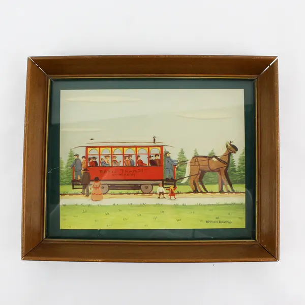 Lot of 2 E Melvin Bolstad Framed Folk Art Prints: Rapid Transit and C&P w/Hanger